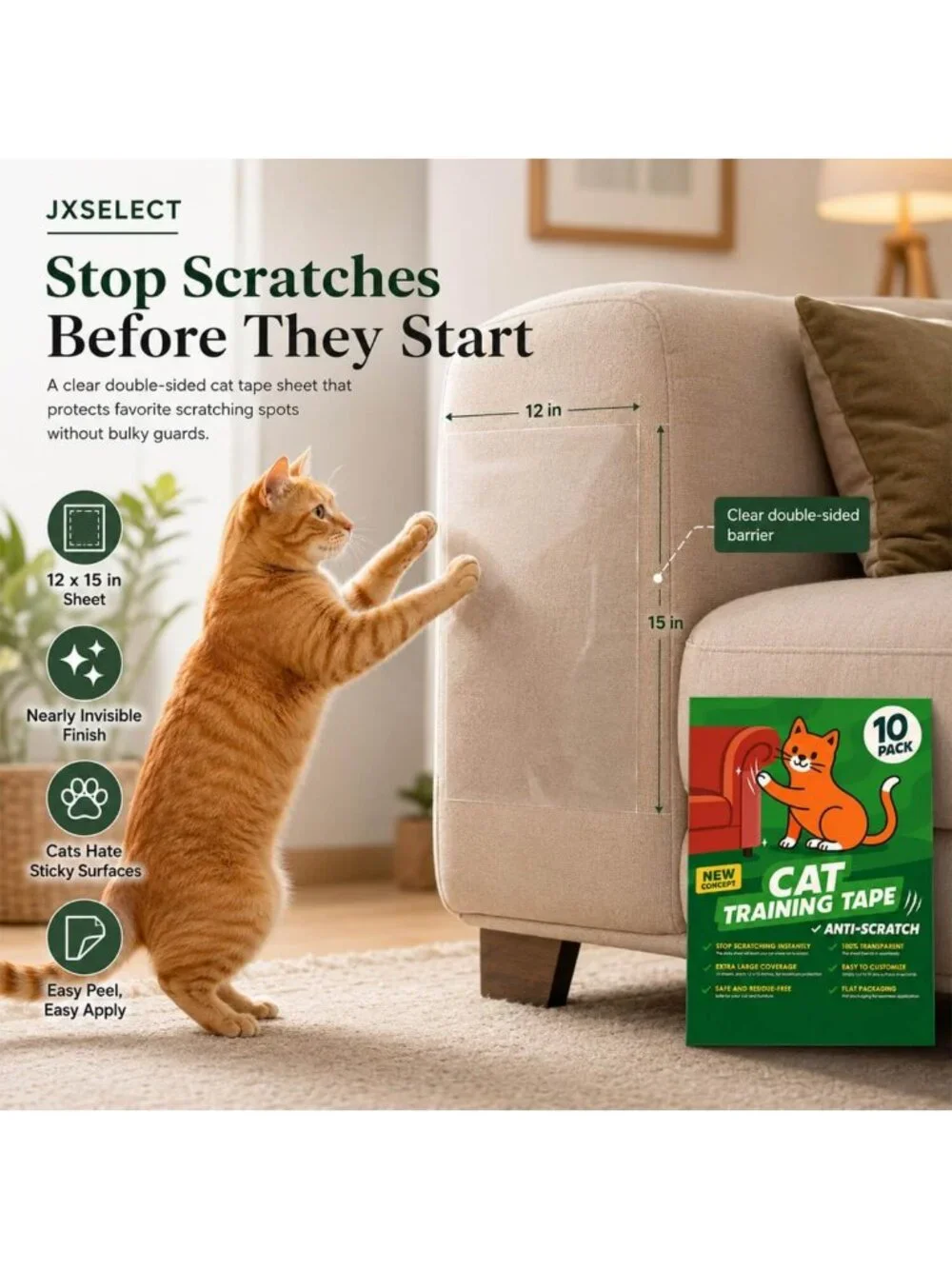 Double-Sided Cat Scratch Deterrent Tape – 10 Anti-Scratch Sticky Strips for